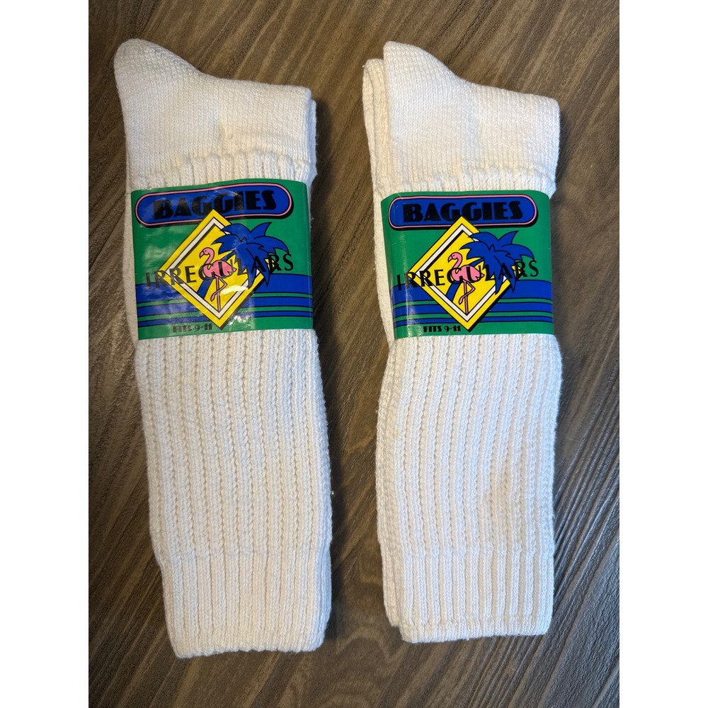 Vintage Baggies Slouch Crew Socks Men 9-11 White Ribbed Made in USA 2pk New